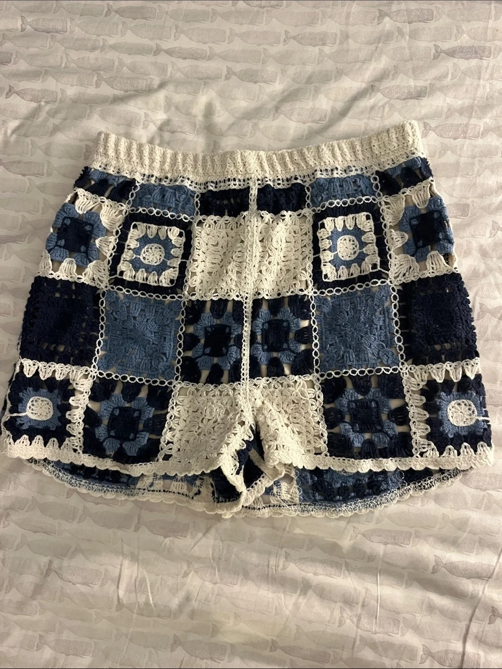 Rebellion Crochet Patchwork Shorts in Navy & Cream